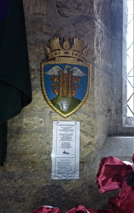 Badge of H.M.S. Broadway and explanatory text.