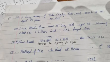 Hand written note of inscription made by Church Warden