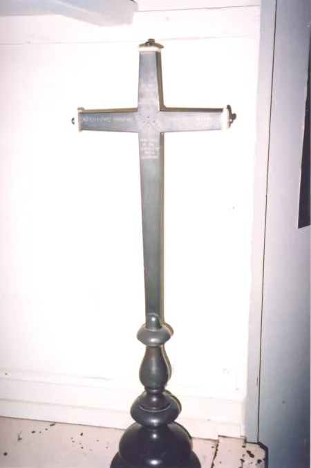 Pewter altar cross with inscription