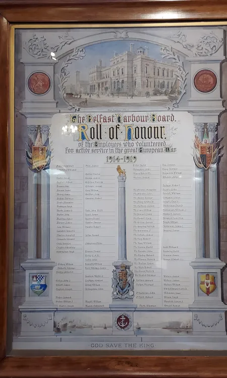 Framed illuminated Roll of Honour re Belfast Harbour Board's employees who volunteered for active service in WW1. 