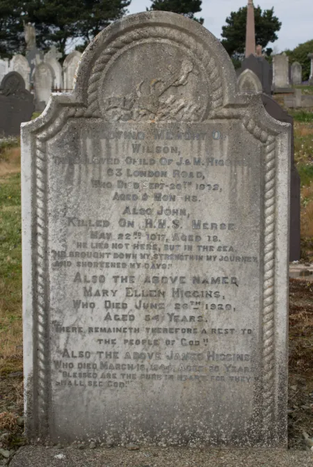 Family gravestone, including an inscription for John Higgins, who died on the 22nd May 1917, aged 18 years.  The inscription includes three other family members.