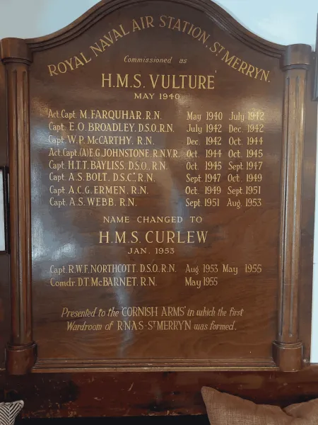 Overall view of the memorial, detailing the captains of H.M.S. Vulture and H.M.S. Curlew from 1940-1955. 