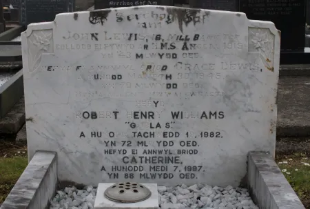 Inscription for John Lewis, who served on the H.M.S. Anglia and died in 1915, aged 43 years. Other family members are on the grave and the inscription is in Welsh.