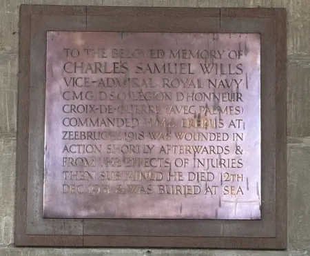 Vice Admiral CS Wills brass plaque memorial in St Mary's Church Woodchester