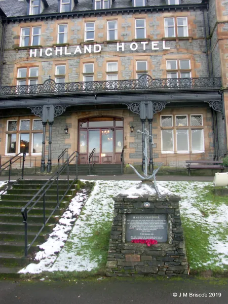 H.M.S. ST. CHRISTOPHER Commemorative Cairn at the Highland Hotel - Front of hotel