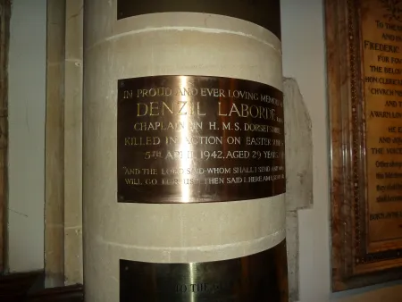 Brass plaque on pillar in Harrow School Chapel commemorating Denzil Laborde