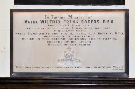 Tablet commemorating Major W. F. Rogers, D.S.O. in St Andrew's Church, Gatton Park