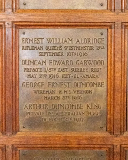 Rifleman Ernest William Aldridge, Private Duncan Edward Garwood, Wireman George Ernest Duncombe and Private Arthur Duncombe King, Warrior Chapel, Windsor