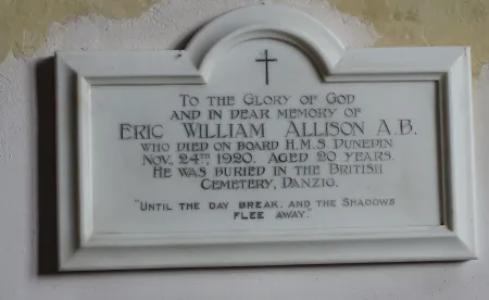 Plaque commemorating Eric William Allison HMS Dunedin St Andrews Church Boreham Essex