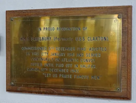 Brass plaque commemorating HMS Salisbury 
