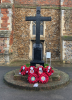 View of memorial in front of church