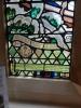 Detail of text in commemorative stained glass window